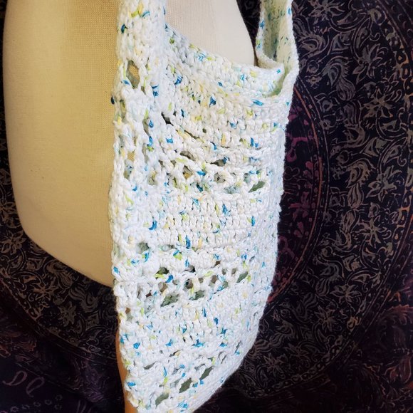 Bohemian Hues Handmade Crochet Cotton Market Bag White w/Multi Color Speckles - Picture 5 of 8